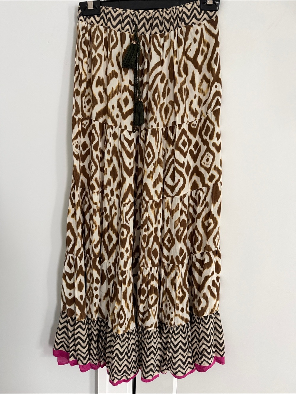 Tiered Maxi Skirt in Brown and Cream with Pink Trim
